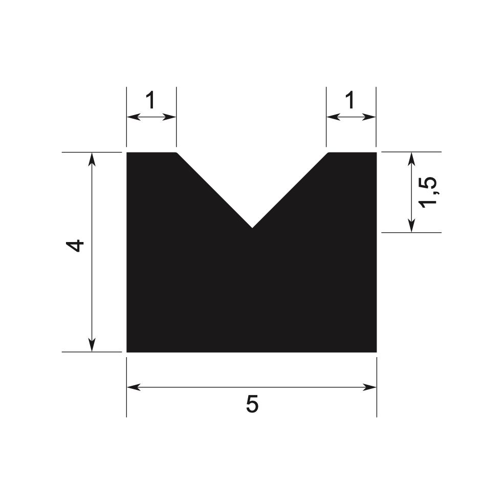 Perfil de moldura decorativa negra con medidas 5x4 cm y diseño en V, ideal para pared.