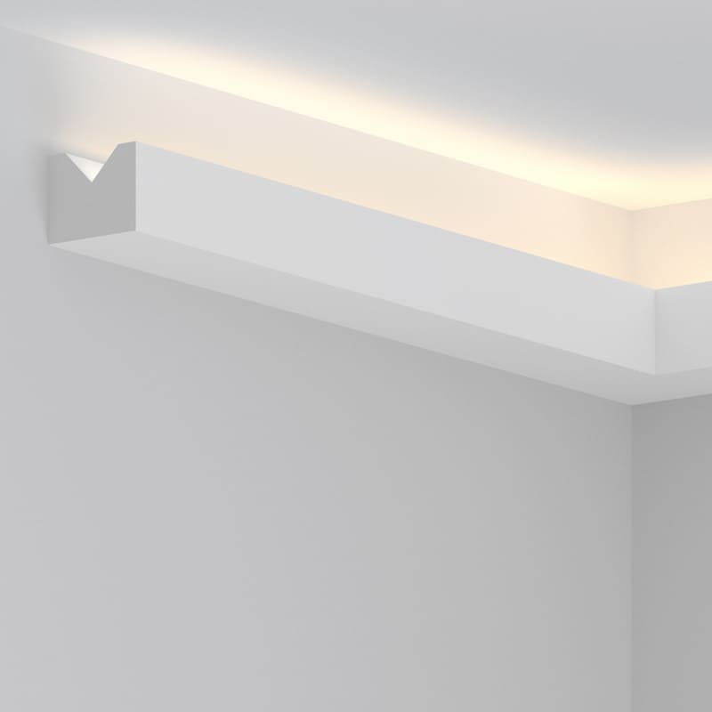 Moldura decorativa blanca para techo con iluminación LED indirecta en esquina moderna