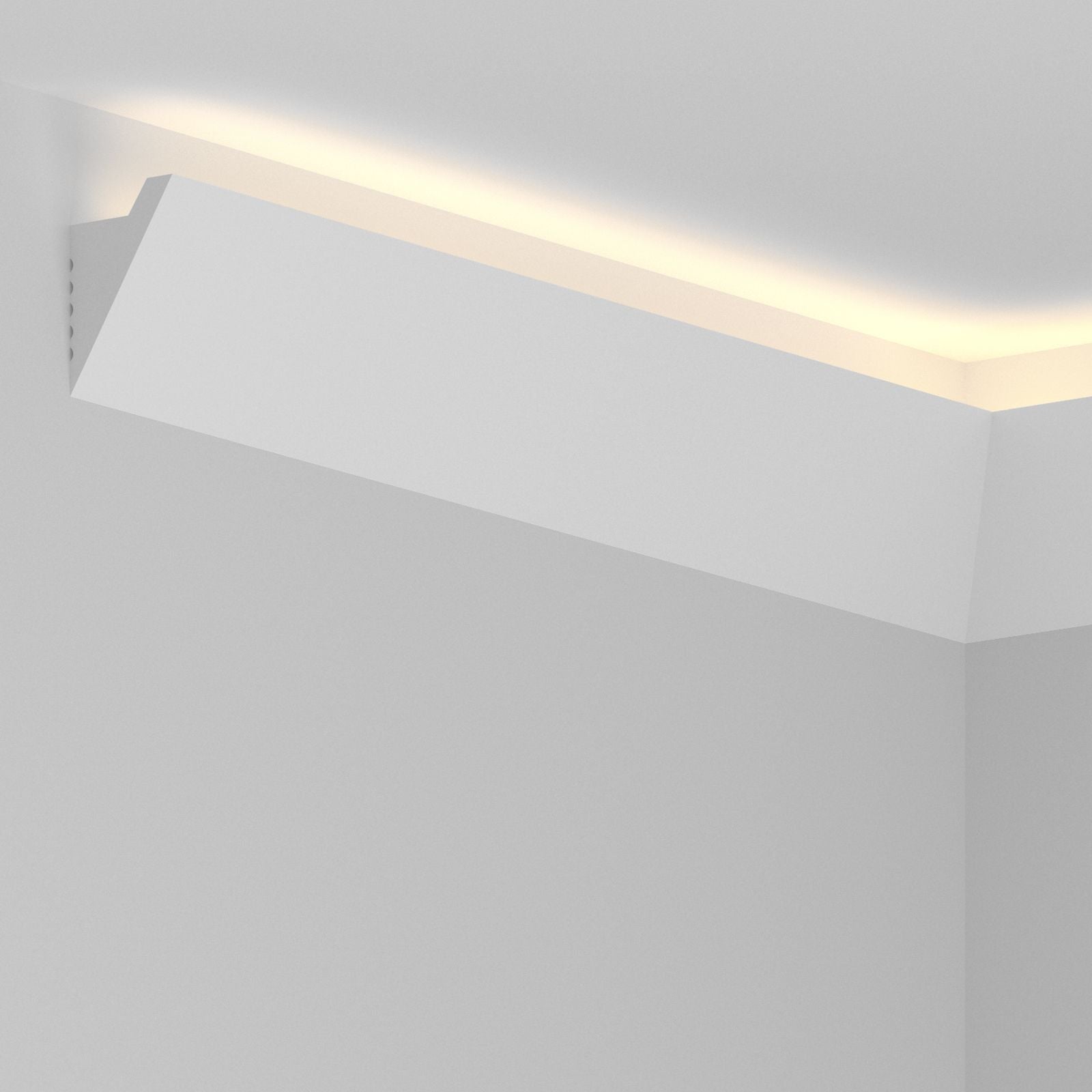 Moldura decorativa blanca para techo con iluminación LED indirecta en esquina interior