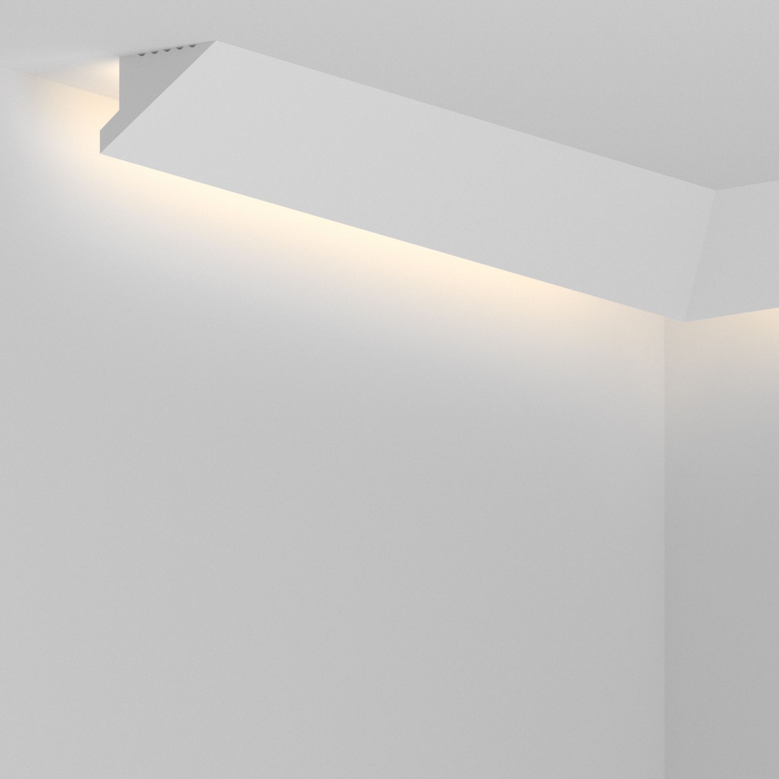 Cornisa decorativa blanca para techo con iluminación LED indirecta instalada en esquina interior