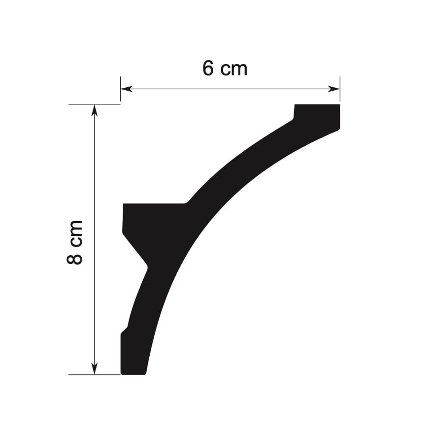 Perfil de moldura decorativa negra con medidas de 8 cm de alto y 6 cm de ancho.