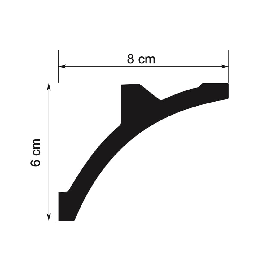 Perfil de moldura decorativa negra con medidas de 8 cm de ancho por 6 cm de alto
