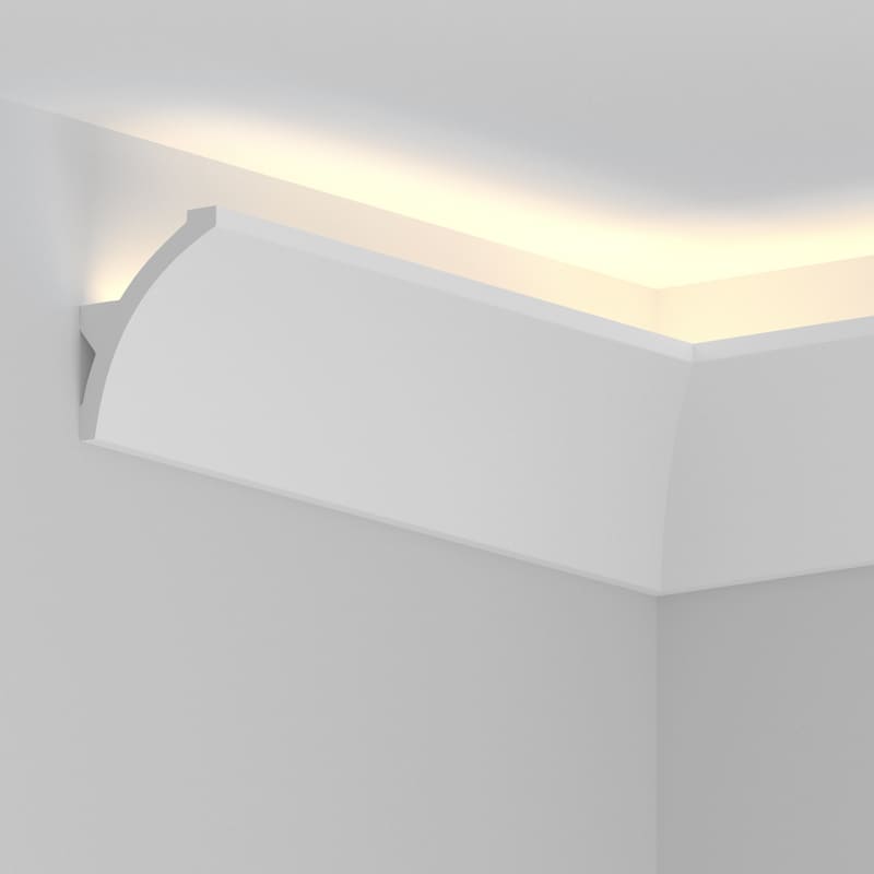 Moldura decorativa blanca para techo con iluminación indirecta LED en esquina interior