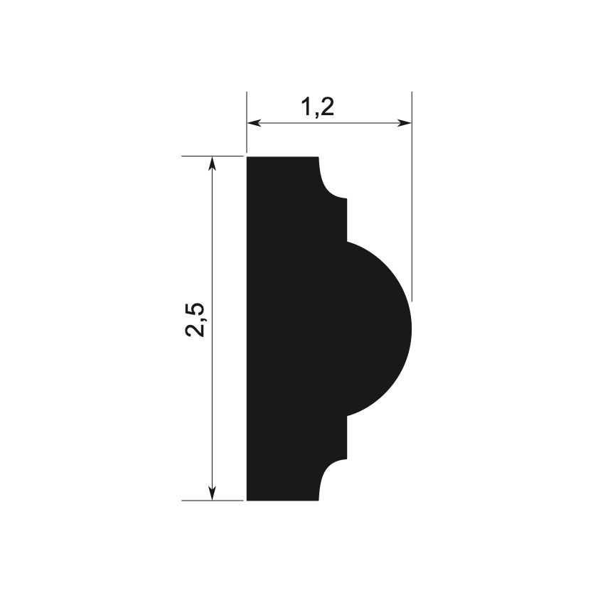 Perfil de moldura decorativa negra con medidas 2,5 cm alto y 1,2 cm ancho