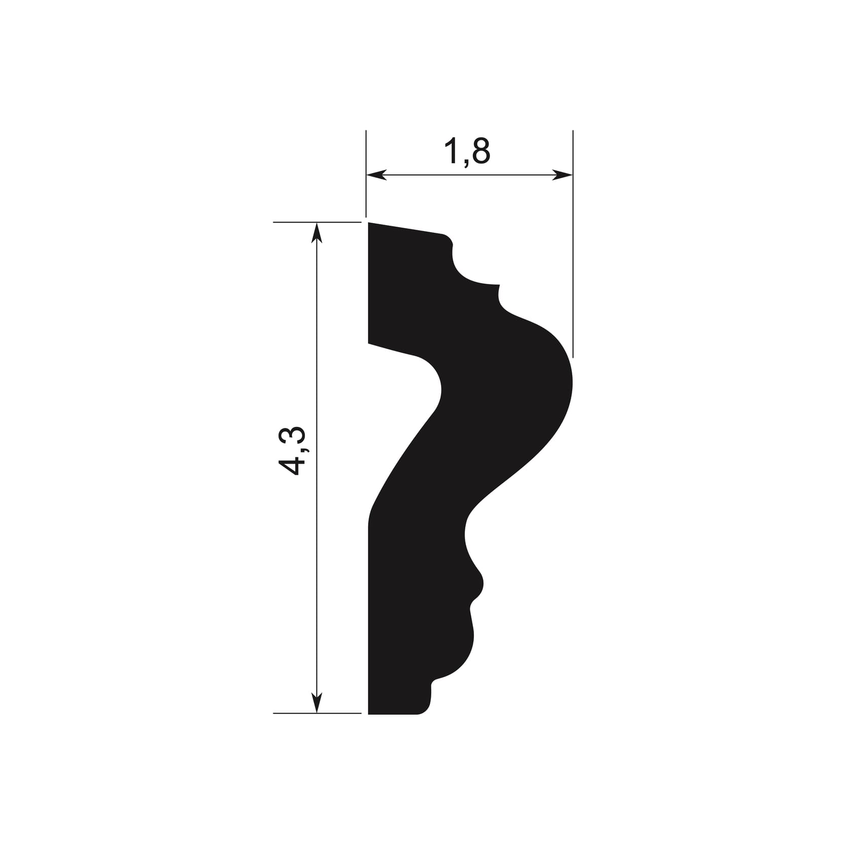 Perfil de moldura decorativa negra, dimensiones 4,3 cm x 1,8 cm para paredes interiores.