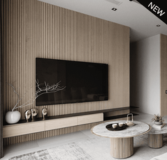 Sala moderna con paneles de moldura decorativa en pared, mueble bajo y mesa de centro redonda