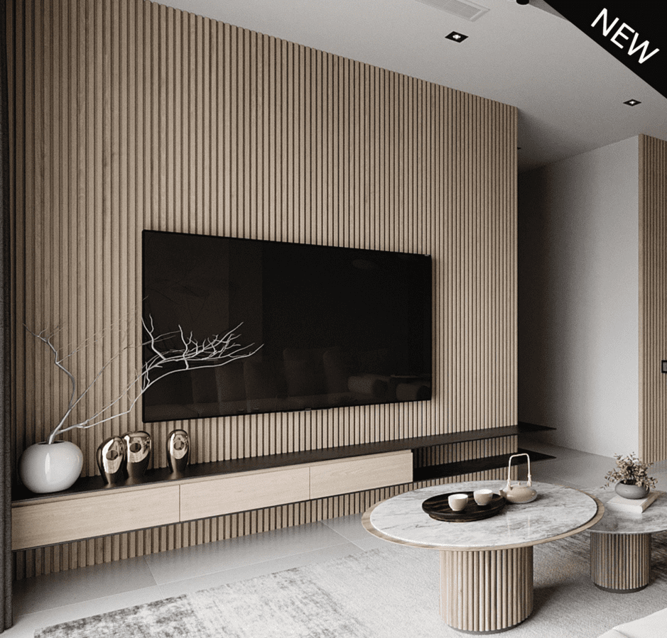 Sala moderna con paneles de moldura decorativa en pared, mueble bajo y mesa de centro redonda
