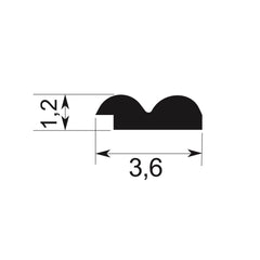 Perfil de moldura decorativa negra, medidas 1,2 cm alto y 3,6 cm ancho, fondo blanco.