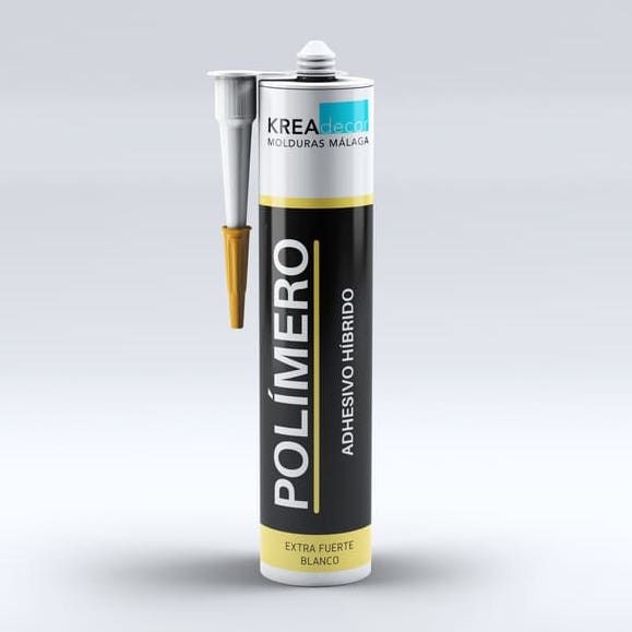 Cartucho de adhesivo híbrido polímero extra fuerte blanco para molduras decorativas.