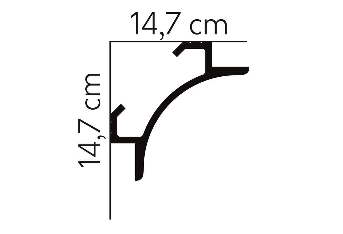 Perfil de moldura decorativa en negro, medidas 14,7 x 14,7 cm, diseño curvo para pared o techo.