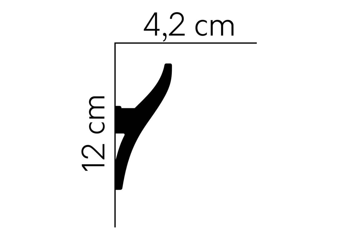 Perfil de moldura decorativa negra con medidas, 12 cm de alto y 4,2 cm de ancho