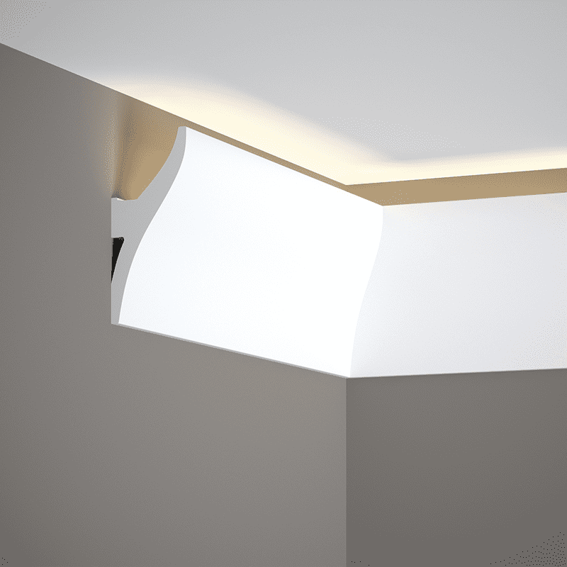 Moldura decorativa blanca para techo con iluminación indirecta LED en esquina de pared.
