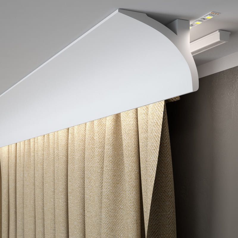 Moldura decorativa de techo blanca para cortinas con iluminación LED y tela beige