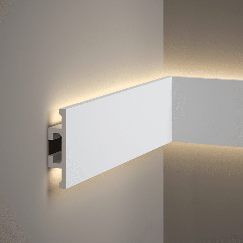 Moldura decorativa blanca en pared con iluminación LED indirecta en esquina interior.