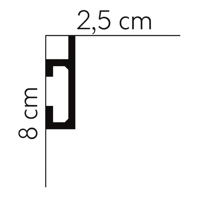 Perfil de rodapié decorativo negro con medidas 8 cm x 2,5 cm en dibujo técnico