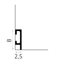 Perfil técnico de rodapié decorativo de pared en sección transversal, 2,5 cm de ancho