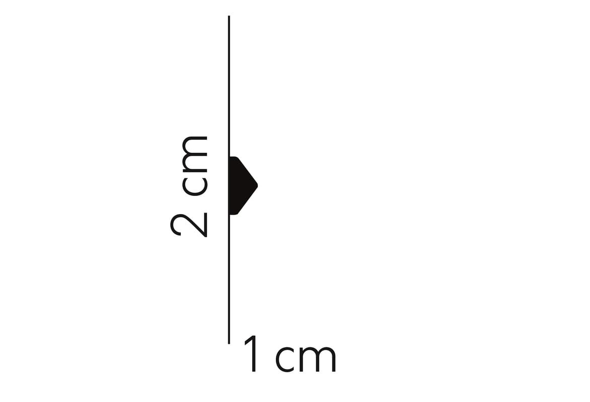 Perfil de moldura decorativa con medidas de 2 cm de alto y 1 cm de ancho, fondo blanco.