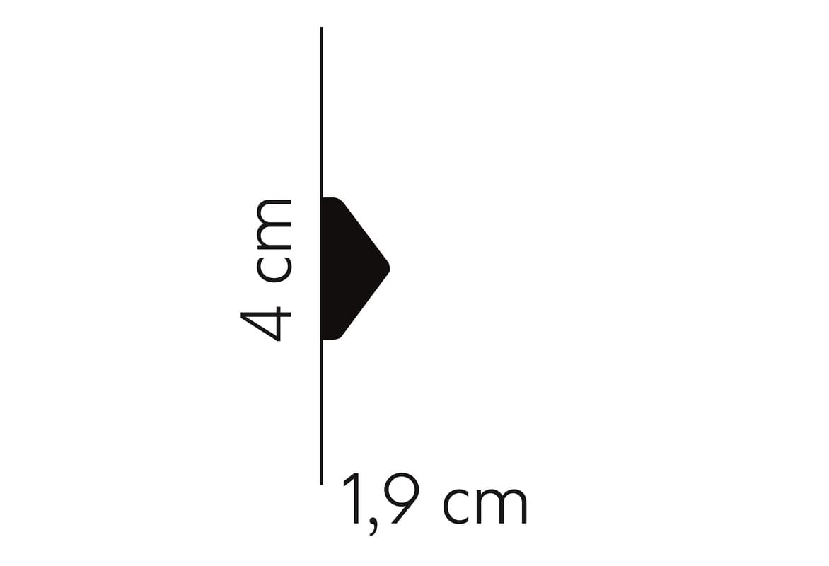 Perfil de moldura decorativa negra con medidas 4 cm de alto y 1,9 cm de ancho