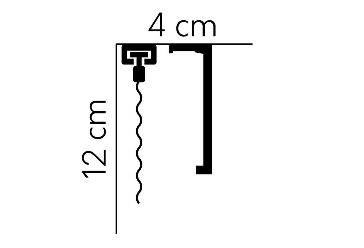 Esquema técnico de moldura decorativa de techo, medidas 4 cm por 12 cm, vista lateral