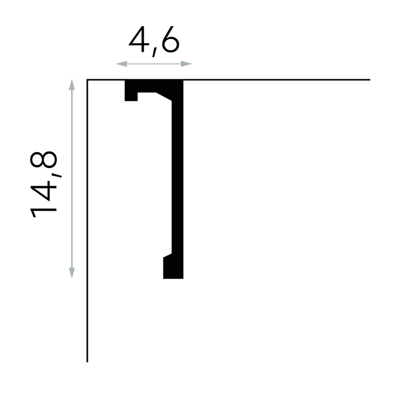 Perfil de moldura decorativa negra para pared con medidas 14,8 cm de alto y 4,6 cm de ancho