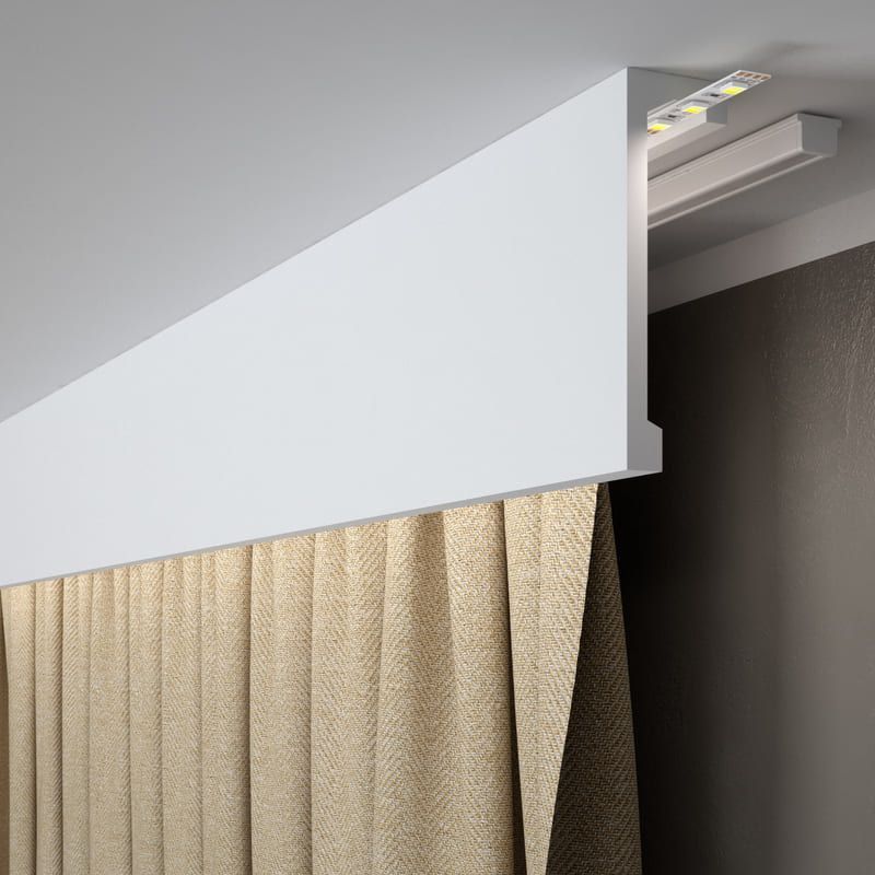 Moldura decorativa de techo blanca con cortina beige y luz LED integrada