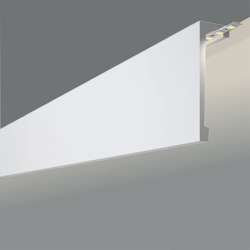 Cornisa decorativa blanca para techo con iluminación LED, ideal para acabados modernos