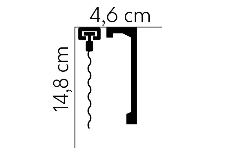 Perfil de moldura decorativa negra con medidas de 14,8 cm de alto y 4,6 cm de fondo