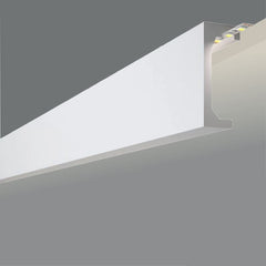 Moldura decorativa blanca para techo con iluminación LED, ideal para paredes modernas.