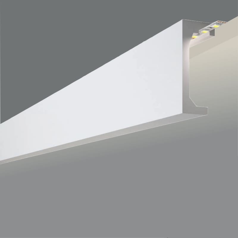 Moldura decorativa blanca para techo con iluminación LED, ideal para paredes modernas.
