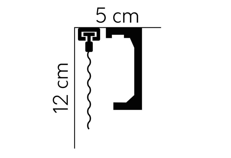 Perfil de moldura decorativa de 12x5 cm con canal para luz LED, sección en negro sobre blanco.