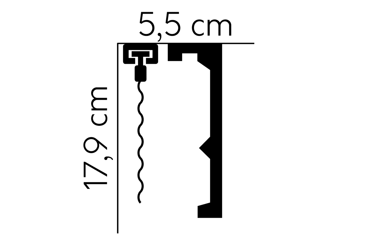 Sección de moldura decorativa con medidas de 17,9 cm de alto y 5,5 cm de ancho.