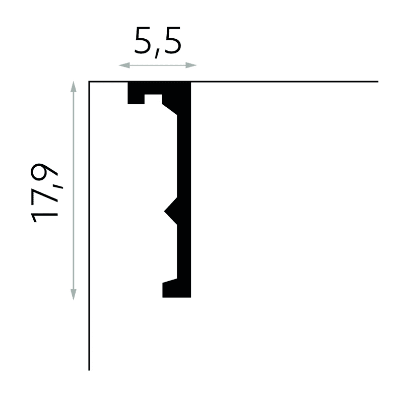 Perfil de moldura decorativa negra, medidas 17,9 cm de alto y 5,5 cm de ancho.