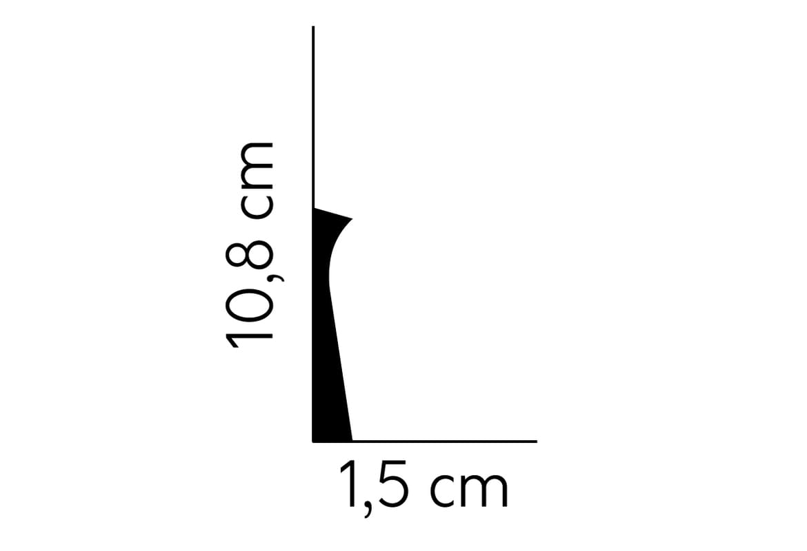 Perfil de moldura decorativa negra, 10,8 cm de alto y 1,5 cm de ancho, fondo blanco