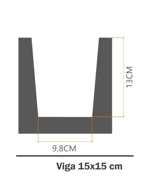Perfil de viga decorativa 15x15 cm con medidas de 13 cm de alto y 9,8 cm de ancho.