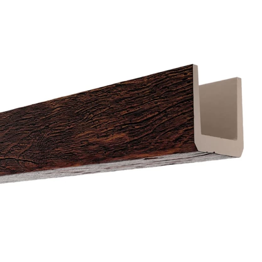 Viga decorativa de imitación madera color nogal, textura realista, vista en perspectiva