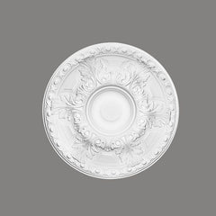 Rosetón decorativo de techo blanco con diseño clásico de hojas en relieve, ideal para interiores elegantes.