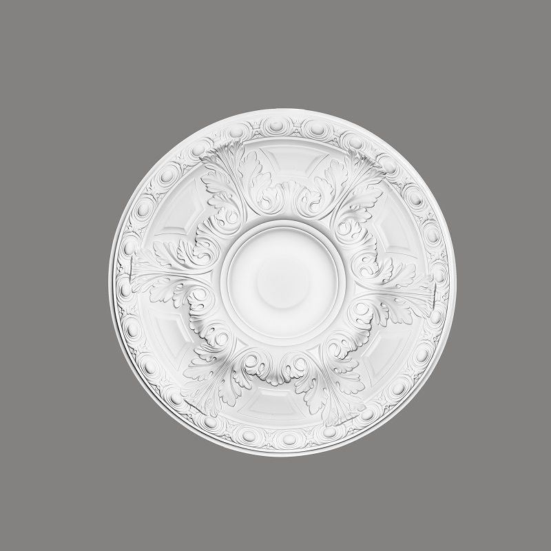 Rosetón decorativo de techo blanco con diseño clásico de hojas en relieve, ideal para interiores elegantes.