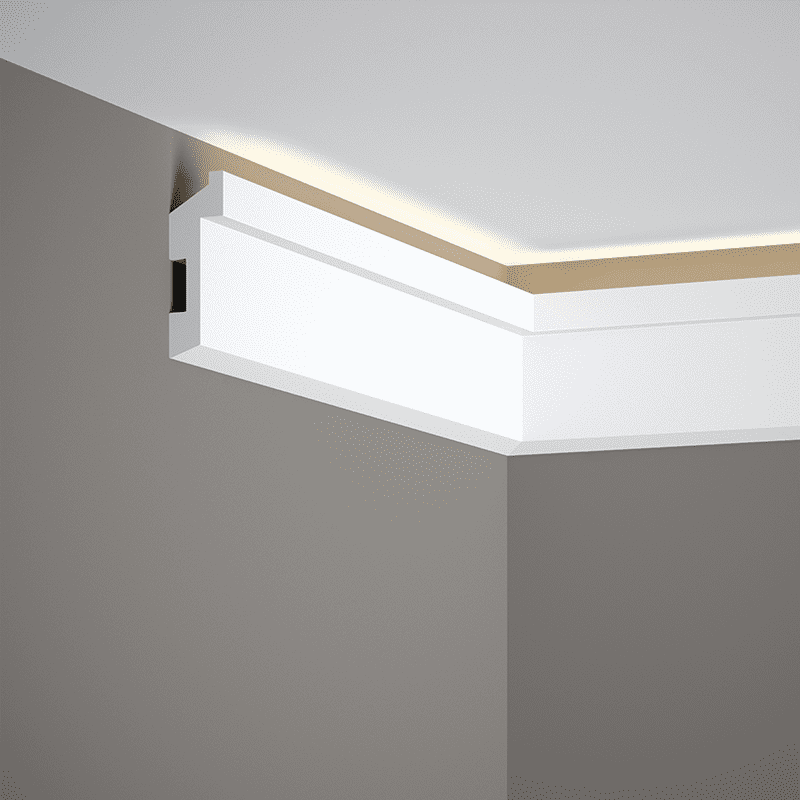 Moldura decorativa blanca para techo con iluminación LED indirecta en esquina de pared.