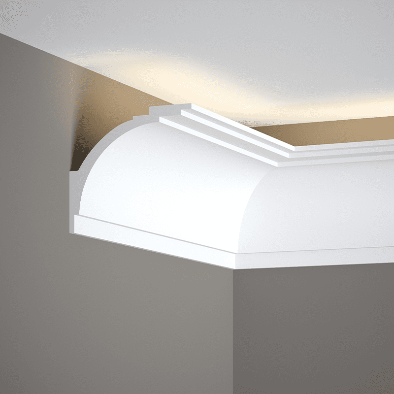 Moldura decorativa blanca para techo con diseño curvo y detalles modernos instalada en esquina