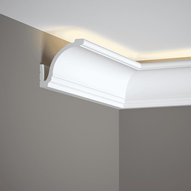 Moldura decorativa blanca para techo con luz indirecta instalada en esquina de pared