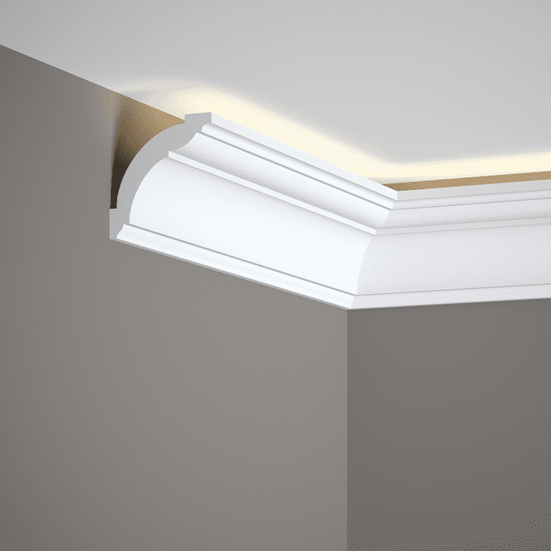 Moldura decorativa blanca para techo con iluminación LED indirecta en esquina interior