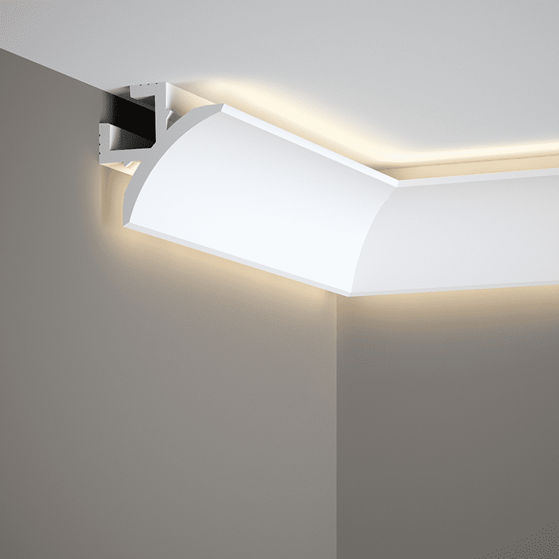 Moldura decorativa blanca de esquina con iluminación LED indirecta en techo y pared