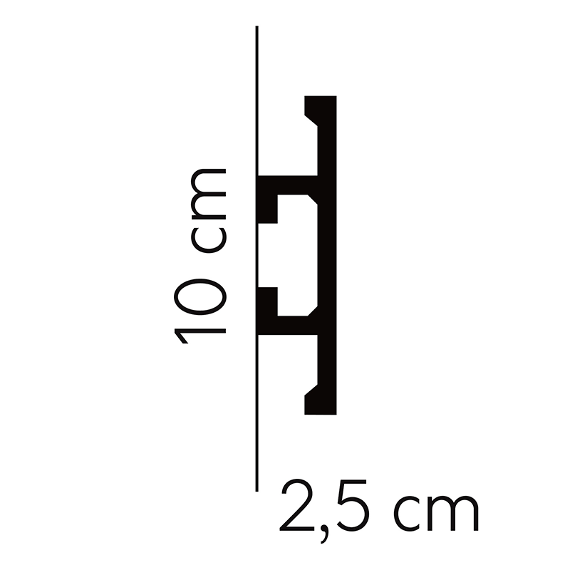 Perfil seccionado de rodapié decorativo negro, medidas 10 cm de alto y 2,5 cm de fondo