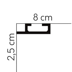 Perfil técnico de moldura decorativa negra con medidas 8 cm x 2,5 cm para paredes