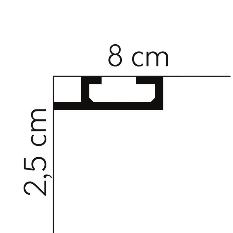 Perfil técnico de moldura decorativa negra con medidas 8 cm x 2,5 cm para paredes