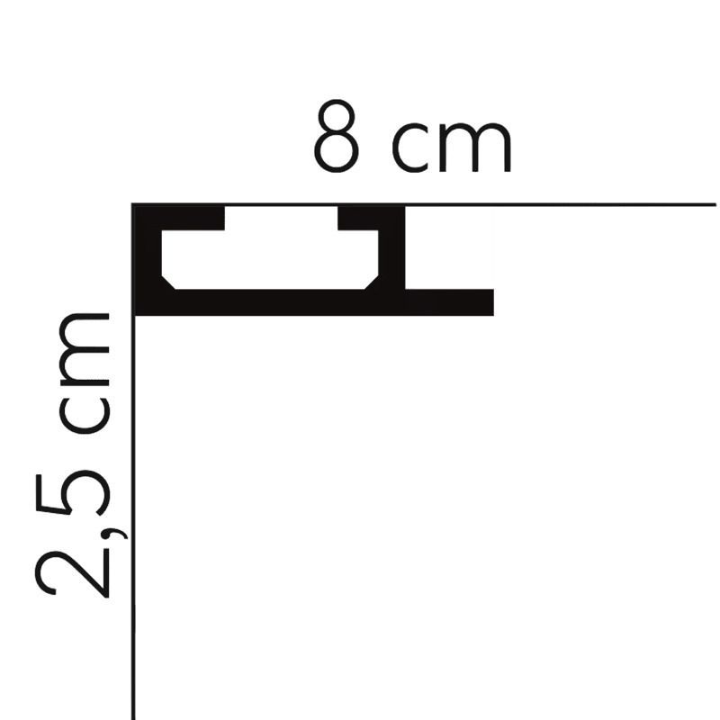 Perfil de moldura decorativa negra, medidas 8 cm x 2,5 cm, vista lateral técnica.